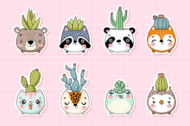 Cute animal faces pots with cacti Funny stickers collection