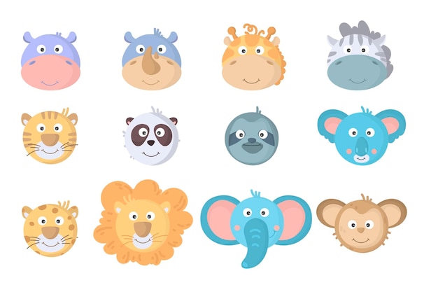 Cute animal faces set Hand drawn characters lion giraffe elephant turtle zebra parrot hippo monkey sloth rhino panda tiger panda toucan heads wild animal