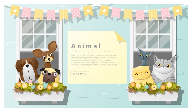 Cute animal family background with Dogs and Cats 