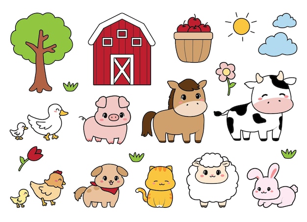 Cute Animal Farm Clipart Vector Kawaii Illustration Flat Cartoon Style