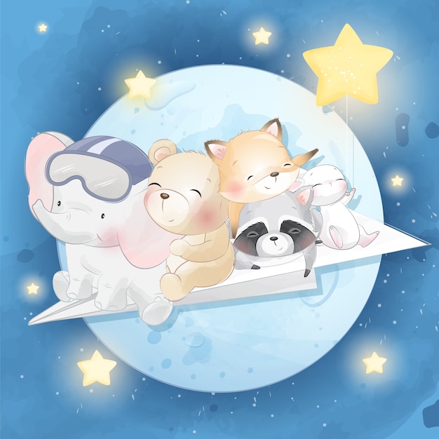 Cute animal flying in the moon