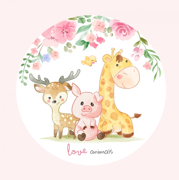 Cute Animal Friends and Colorful Flowers Illustration in Cirlce shape