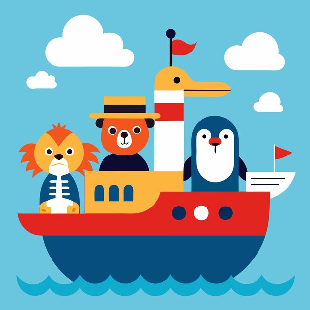 Vector cute animal friends sailing on a boat with flags in the sky