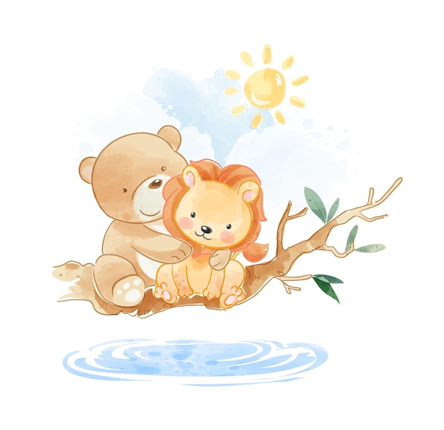 Cute animal friends sitting on tree branch illustration