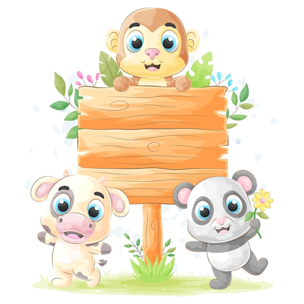 Cute animal friends with wood sign watercolor illustration