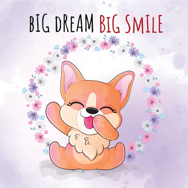 Cute animal happy puppy with flower illustration- Cute animal watercolor corgi character