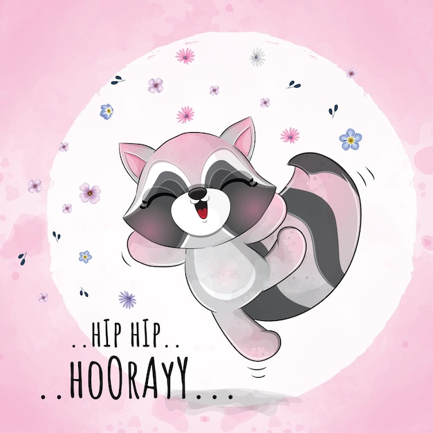 Vector cute animal happy raccoon with flower illustration- cute animal watercolor panda character