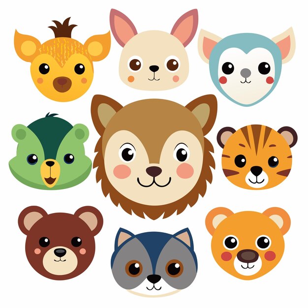 Vector cute animal head illustrations adorable animal faces for kids and design projects