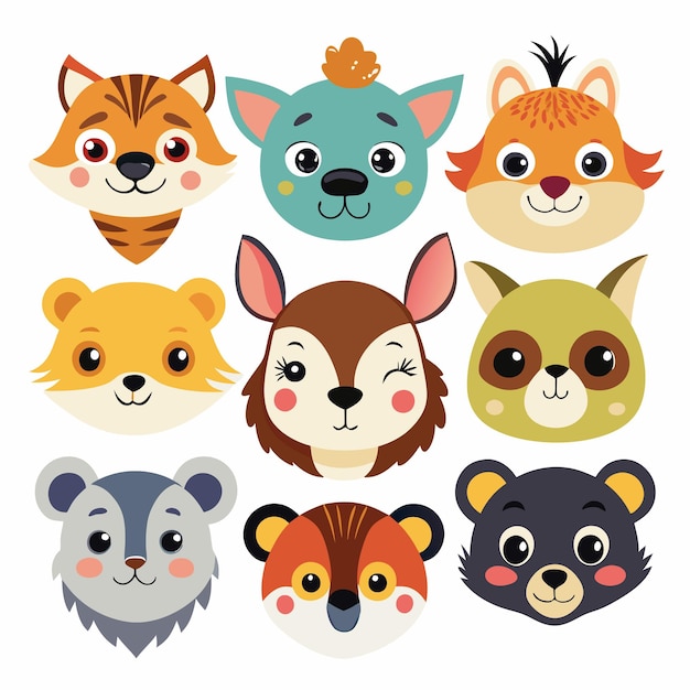 Vector cute animal head illustrations adorable animal faces for kids and design projects