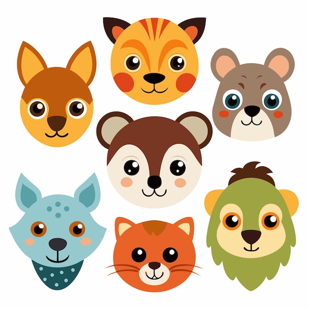 Vector cute animal head illustrations adorable animal faces for kids and design projects