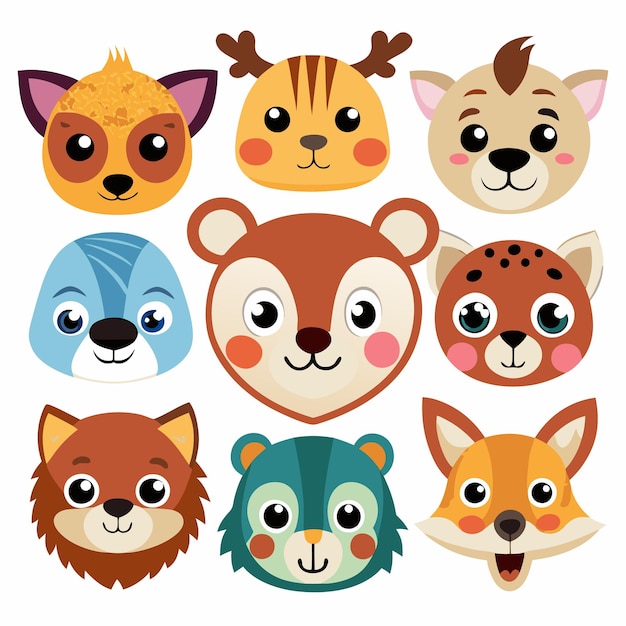 Vector cute animal head illustrations adorable animal faces for kids and design projects