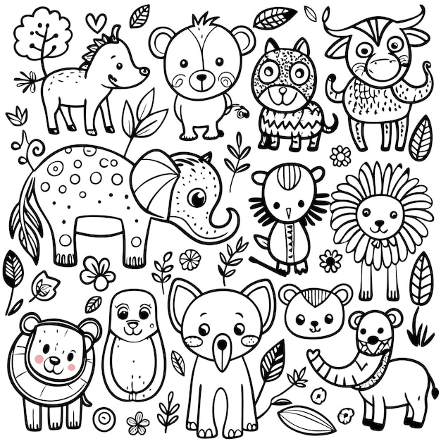 Vector cute animal illustrations with plants and flowers