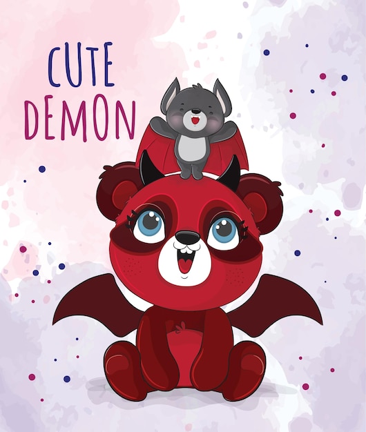 Cute animal little demons panda Halloween illustration  - Cute animal watercolor panda character