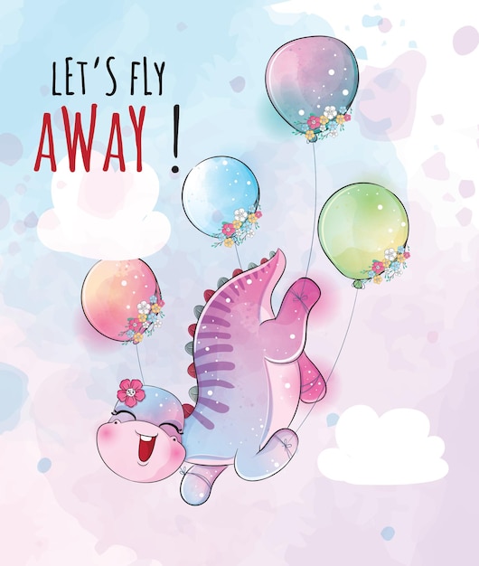 Cute animal little dinosaurs flying with balloon illustration-Cute animal watercolor