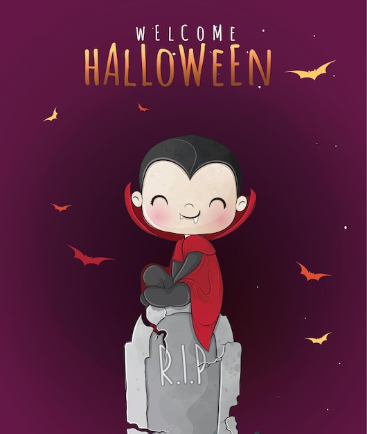 Cute animal little dracula kids on cemetery Halloween illustration - Cute animal watercolor kids