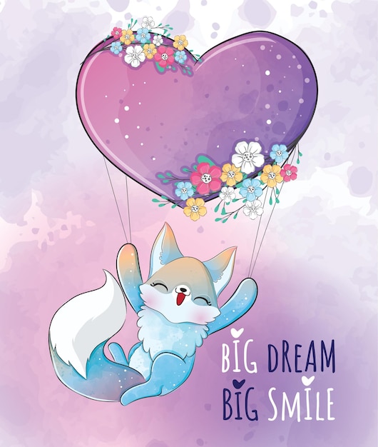 Cute animal little fox flying with love balloon illustrationIllustration cute animal watercolor