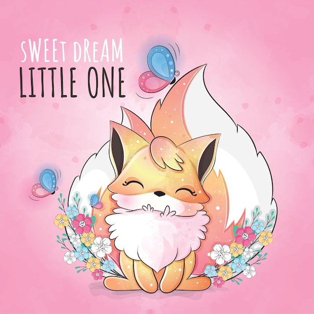 Cute animal little fox with butterfly illustrationIllustration cute animal watercolor