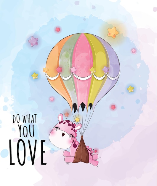 Cute animal little giraffe flying with balloon illustration- Cute animal watercolor character