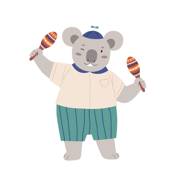 Cute animal musician playing Latin music with maracas. Happy koala shaking Mexican musical instrument. Funny kids character. Colored flat vector illustration isolated on white background.