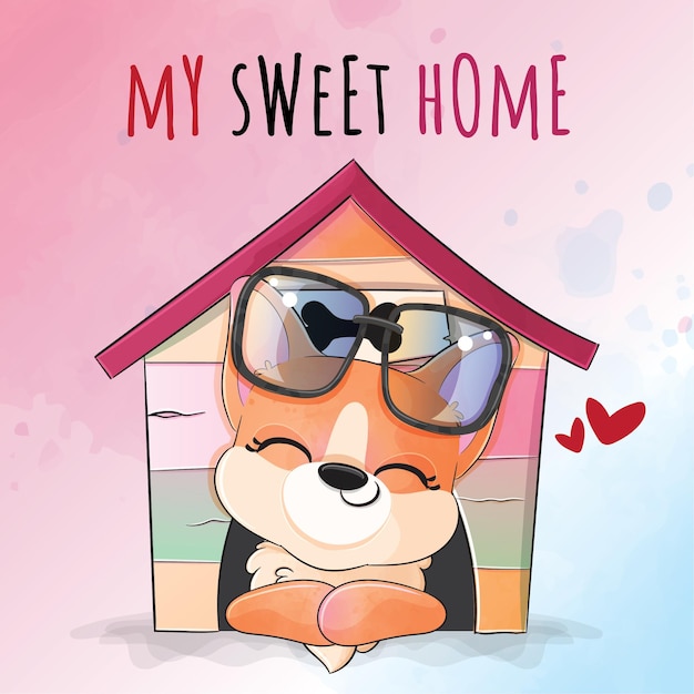 Cute animal puppy at sweet home illustration- Cute animal watercolor corgi character