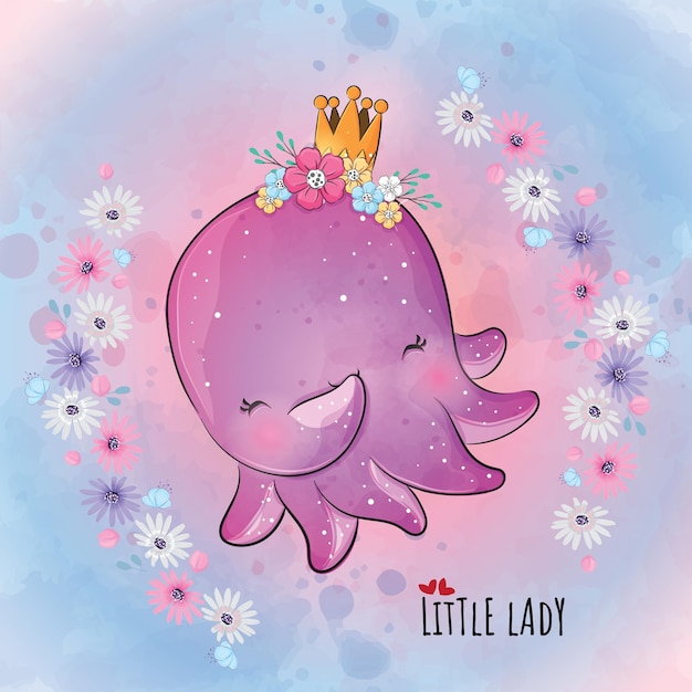 Cute animal queen octopus with flowers illustrationIllustration of background