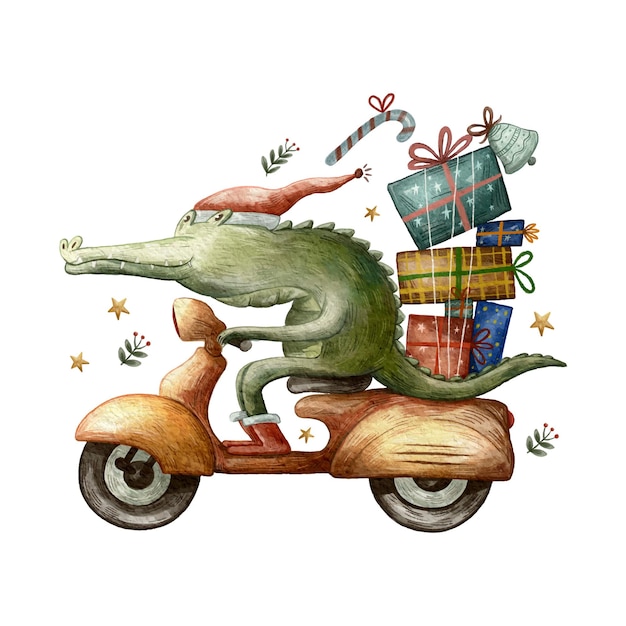 Cute Animal Riding a Scooter and Delivering Gifts Sweet Christmas Watercolor Illustration