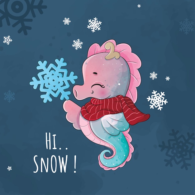 Cute animal seahorse with snow illustrationIllustration of background