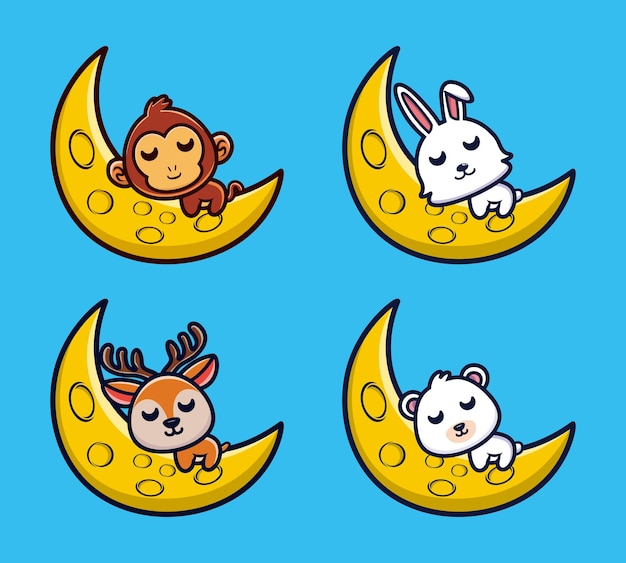 Cute animal sleeping on moon cartoon vector icon illustration