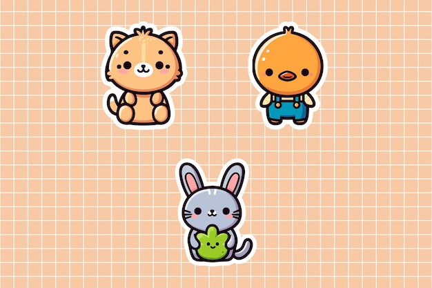 Cute Animal Stickers Lion Duck and Bunny with Cactus on Peach Background