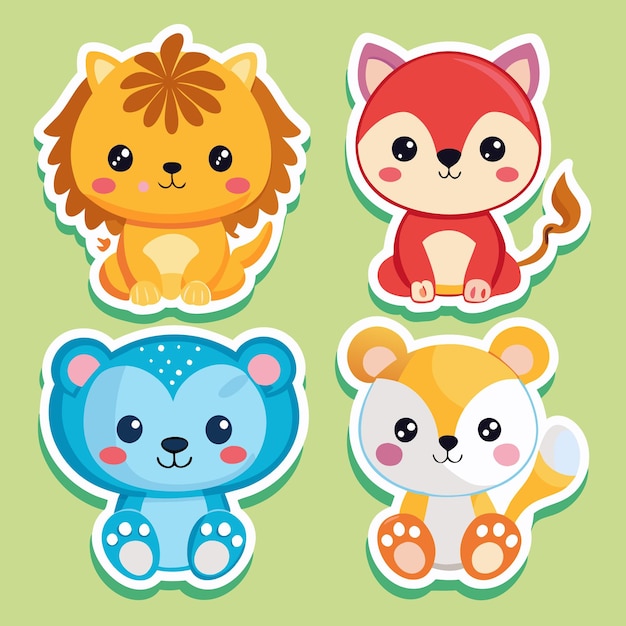 Vector cute animal stickers lion fox bear tiger