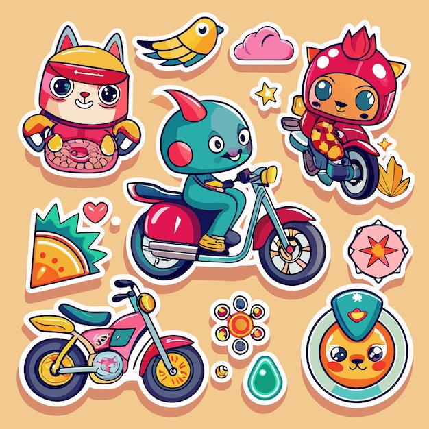 Vector cute animal stickers riding motorcycles with fun designs