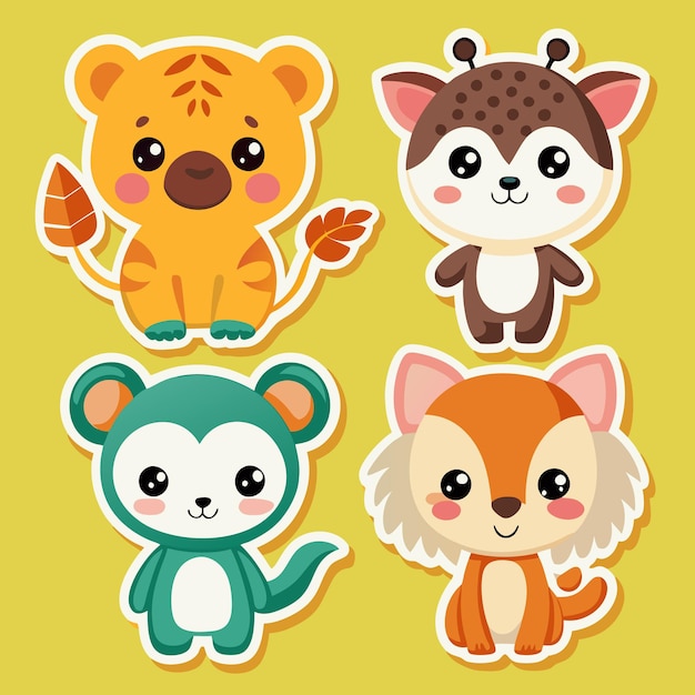 Vector cute animal stickers tiger giraffe monkey and fox