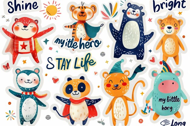 Vector cute animal stickers wearing superhero costumes