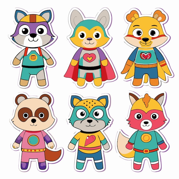 Vector cute animal superheroes in stickers fox wolf panda and more