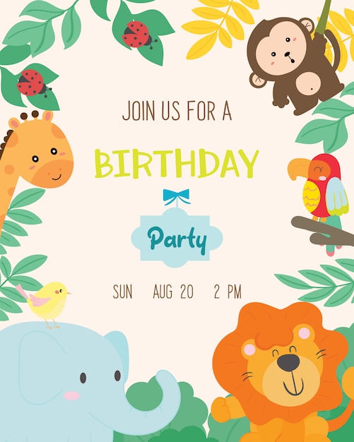 Cute animal theme birthday party invitation card vector.