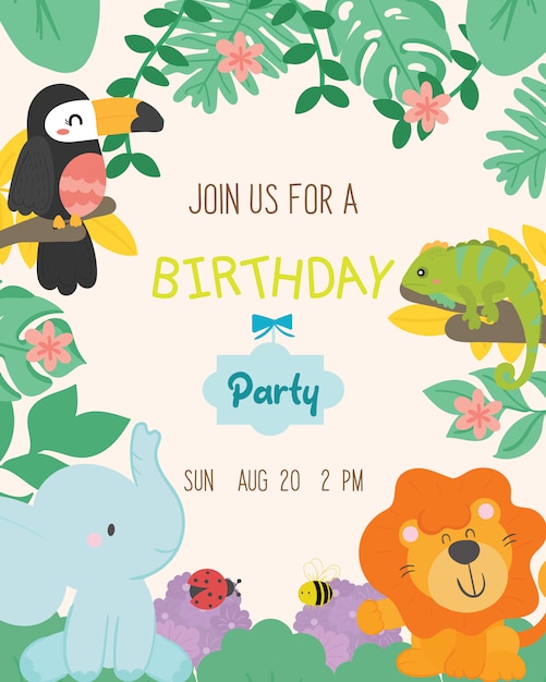 Cute animal theme birthday party invitation card vector.