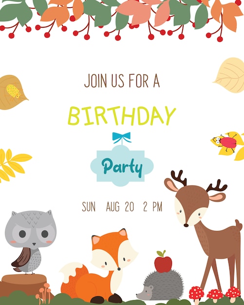 Cute animal theme birthday party invitation card vector.