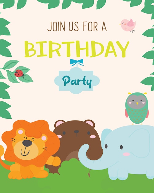 Cute animal theme birthday party invitation card 