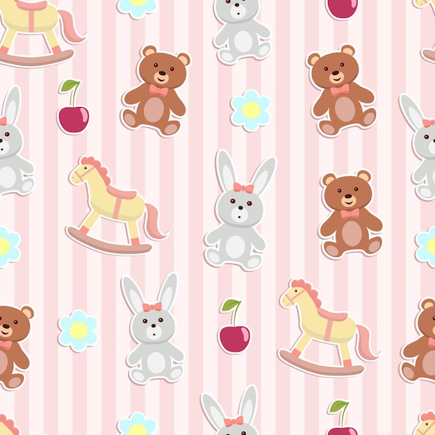 Cute animal toy seamless striped background.