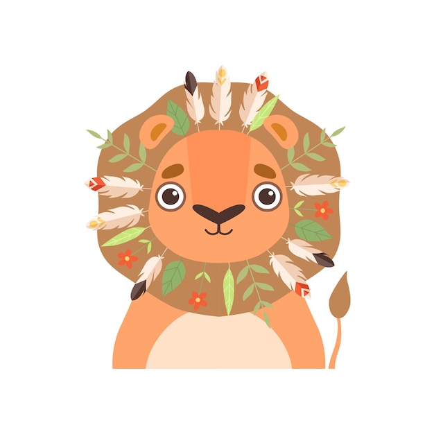 Cute Animal Wearing Traditional Tribal Headdress with Feathers Leaves and Mushrooms Vector Illustration on White Background