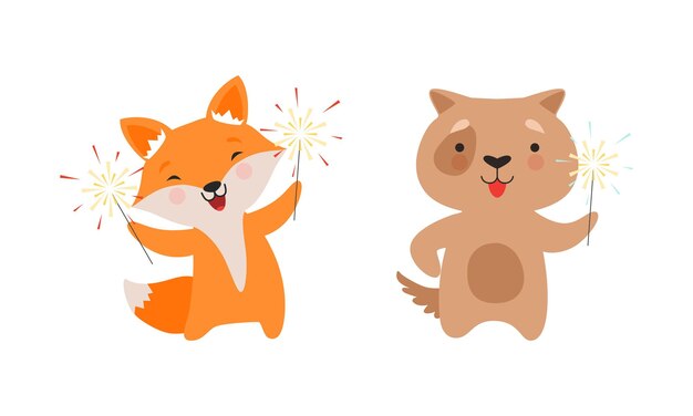 Vector cute animal with fireworks enjoying holiday celebration vector set