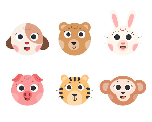 Cute animals . Animal cartoon face. Dog, Bear, Rabbit, Pig, Tiger, Monkey.  illustration.