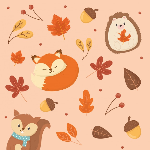 Cute animals and autumn elements