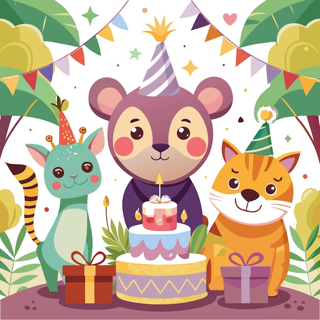 Vector cute animals celebrating a birthday with cake and gifts