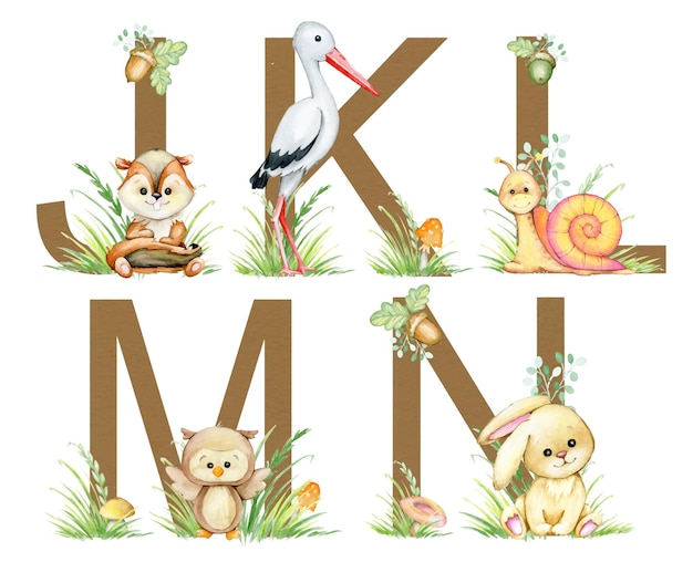 Cute animals chipmunk stork snail owl bunny letters alphabet plants Watercolor set in cartoon style on an isolated background