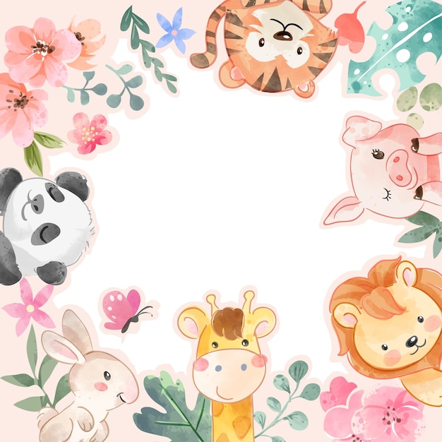 cute animals and colorful flowers frame with blank space illustration