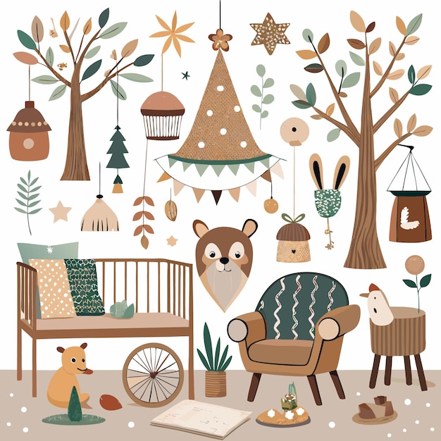 Vector cute animals cozy decor bohemian nursery design