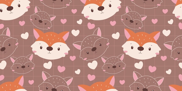 Cute animals face and floral seamless pattern