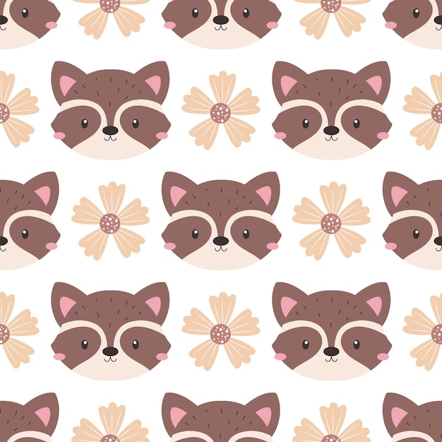 Cute animals face and floral seamless pattern