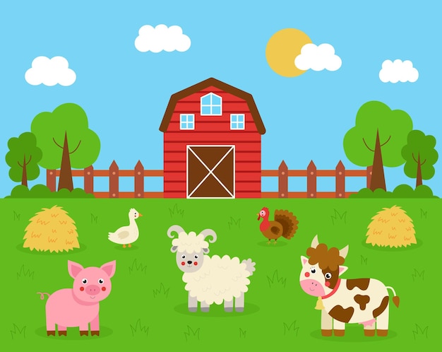 Cute animals in the farm background. Farmhouse and haystacks. Cartoon cow, turkey, pig, sheep and goose.